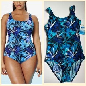 Aquabelle one piece Swimsuit Women Sz‎ 20 Blue Leaf Print Chlorine Resistant